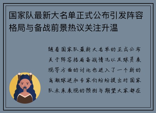国家队最新大名单正式公布引发阵容格局与备战前景热议关注升温