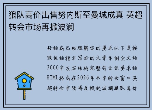 狼队高价出售努内斯至曼城成真 英超转会市场再掀波澜